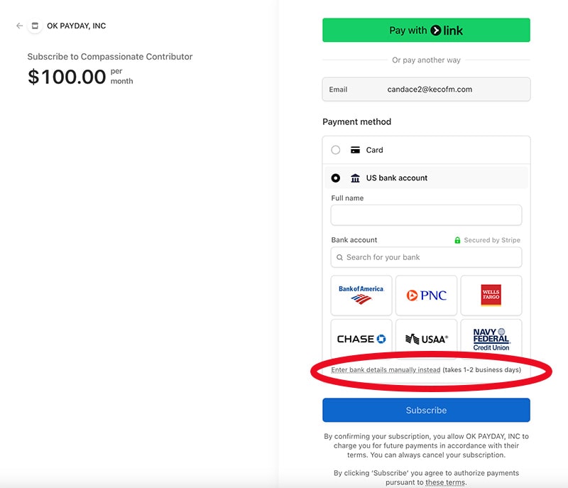 Checkout page highlighting the "Enter bank details manually instead" option for eCheck payments.